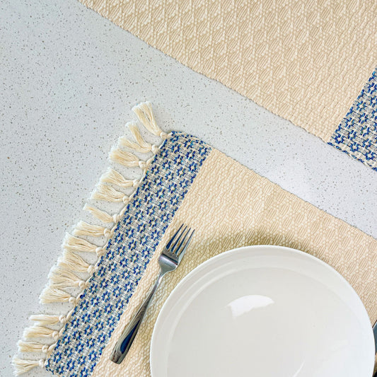 Hydrangea Blue Floral Woven Placemats and Table Runner Set