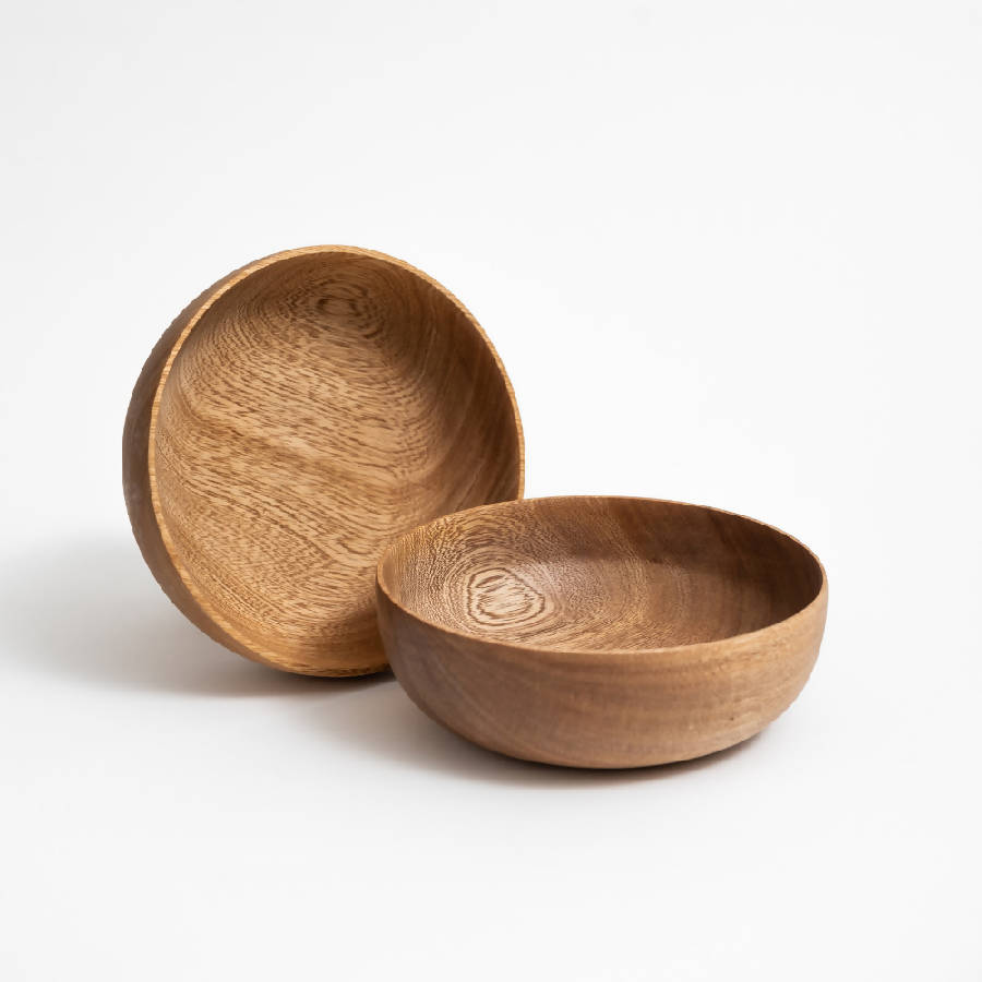 Morada Wood Collection - Botanero Bowl, Cake Stand, Cuenco Bowl, Rosa Morada Cutting Board & Salad Spoons Set