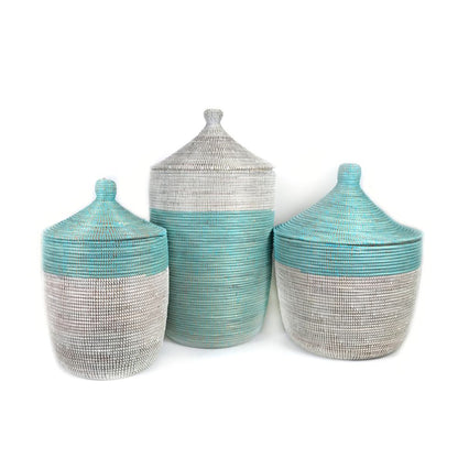 Large Two-Tone Basket - Natural, Navy, Turquoise, and White Variations