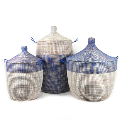 Large Two-Tone Basket - Natural, Navy, Turquoise, and White Variations