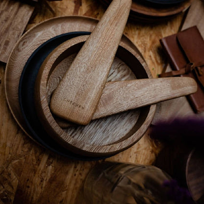 Morada Wood Collection - Botanero Bowl, Cake Stand, Cuenco Bowl, Rosa Morada Cutting Board & Salad Spoons Set