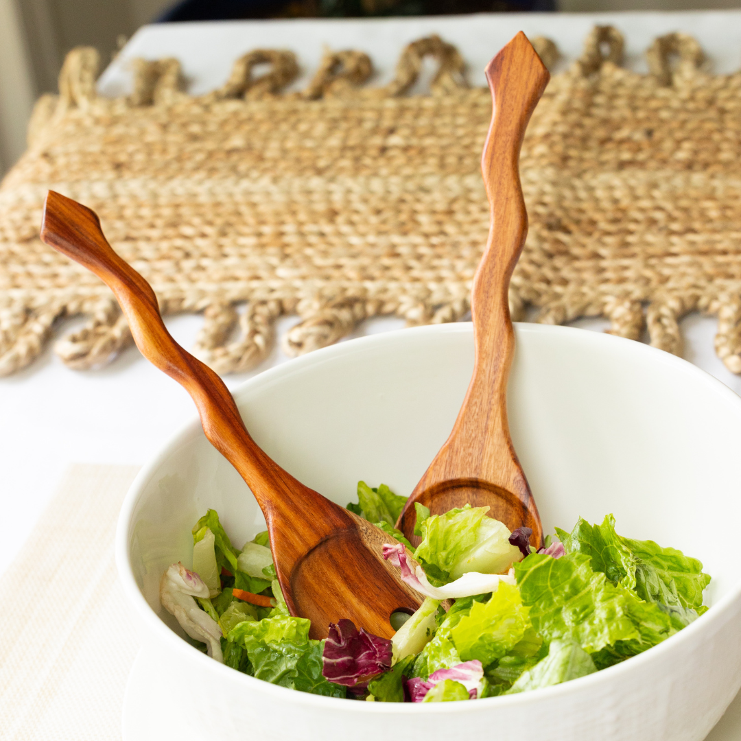 Hand Carved Wood Kitchen Utensil Set - Spoons, Scoop, Spatula, Serving Tools