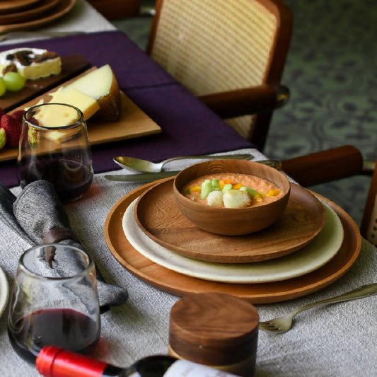 Morada Wood Collection - Botanero Bowl, Cake Stand, Cuenco Bowl, Rosa Morada Cutting Board & Salad Spoons Set